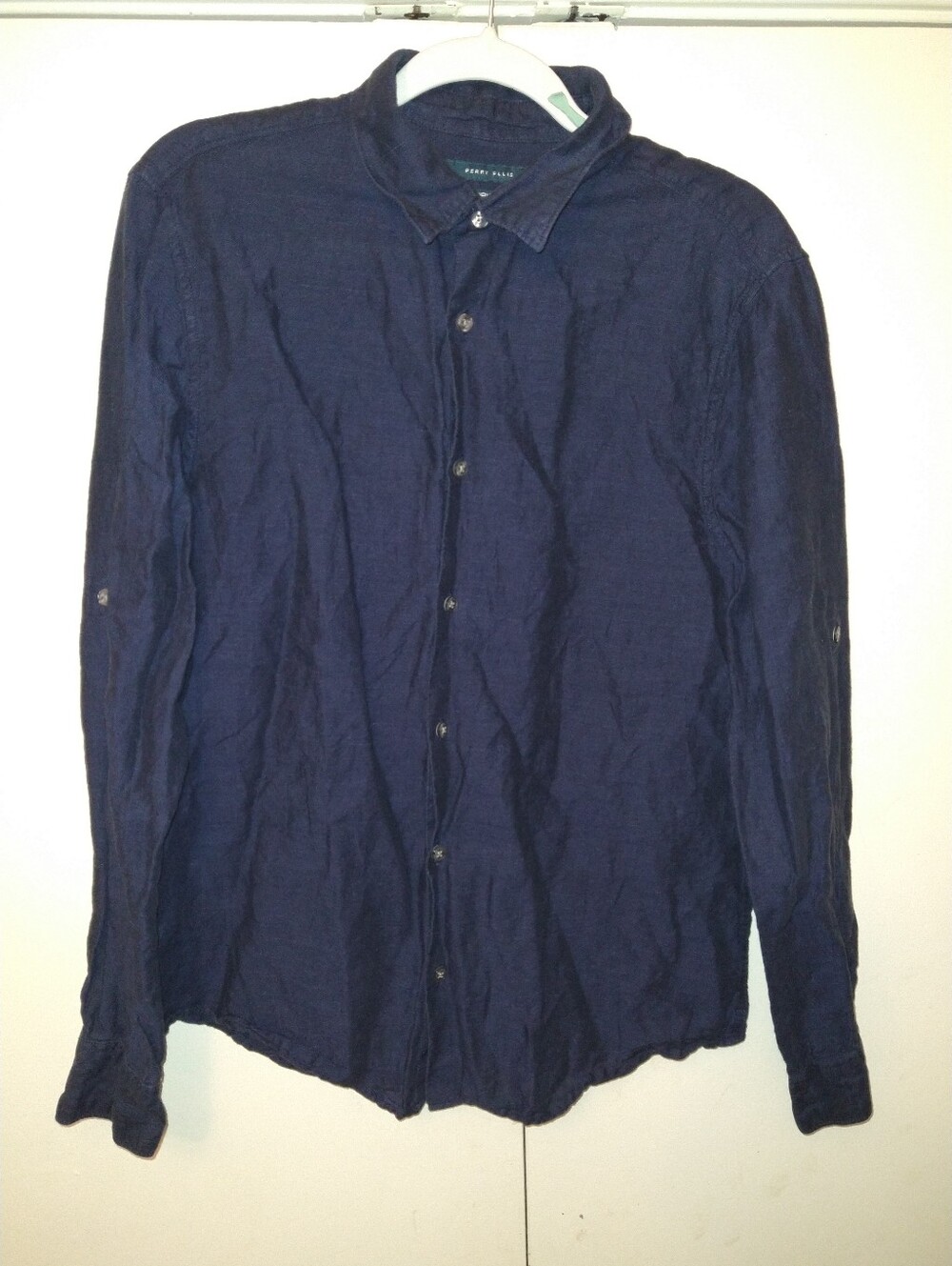 Perry Ellis Linen Blend Blue Long Sleeve Button Up Shirt Men's sz Medium